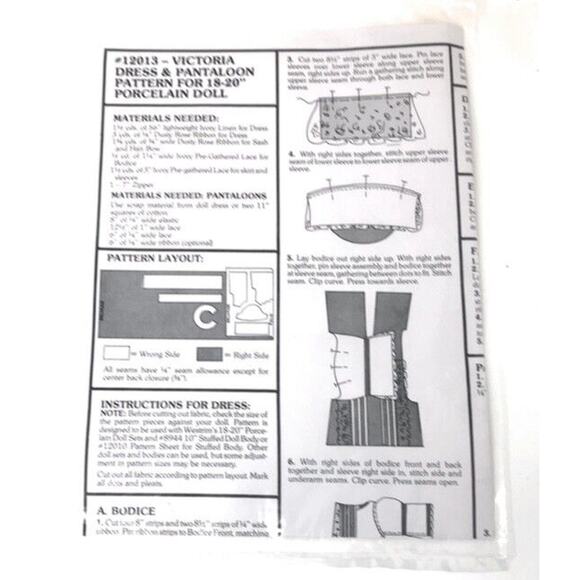 SEWING PATTERN #12013 Dress and Pantaloon Pattern for 18-20" Porcelain Doll - Picture 2 of 4